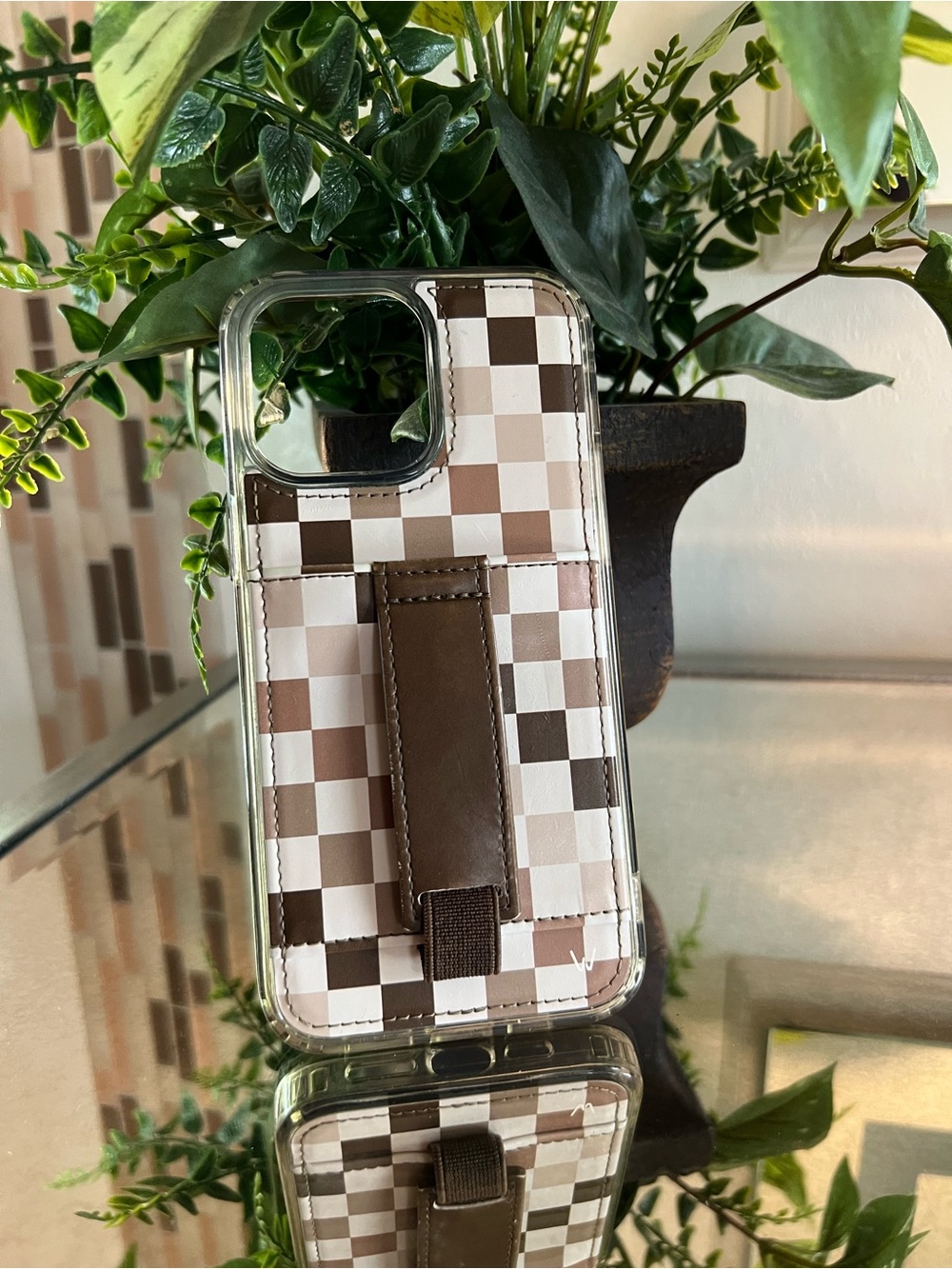 Brown Checkered Wallet Phone Case with Hand Strap